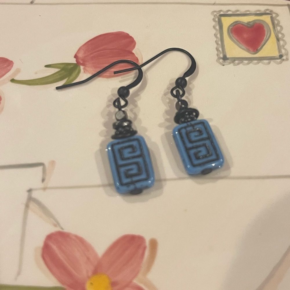 HandCrafted Artisan Earrings Blue Czech Glass Copper Greek Key Rustic Boho# 173  - Picture 2 of 7